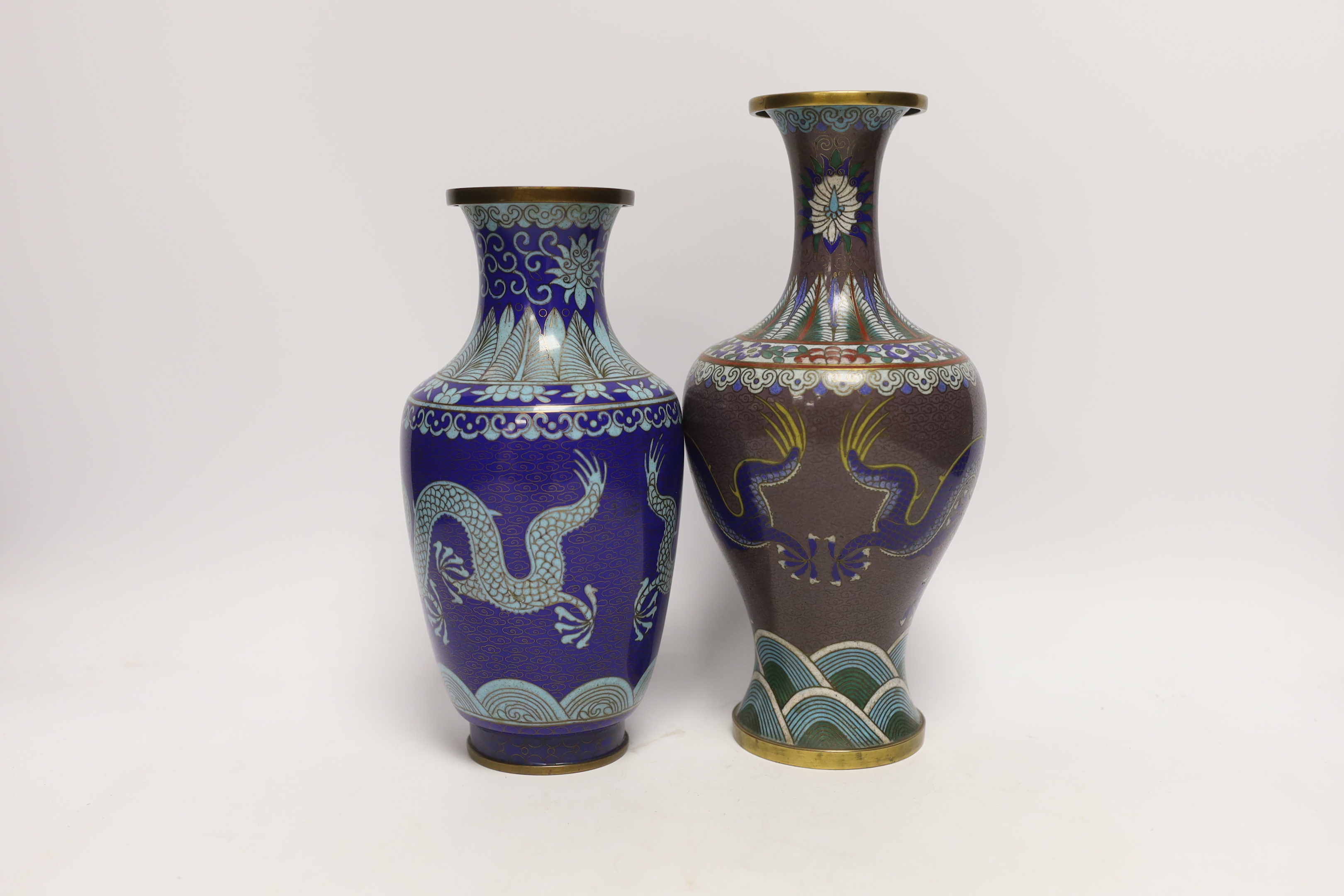 Two Chinese cloisonné enamel ‘dragon’ vases, tallest 27cm